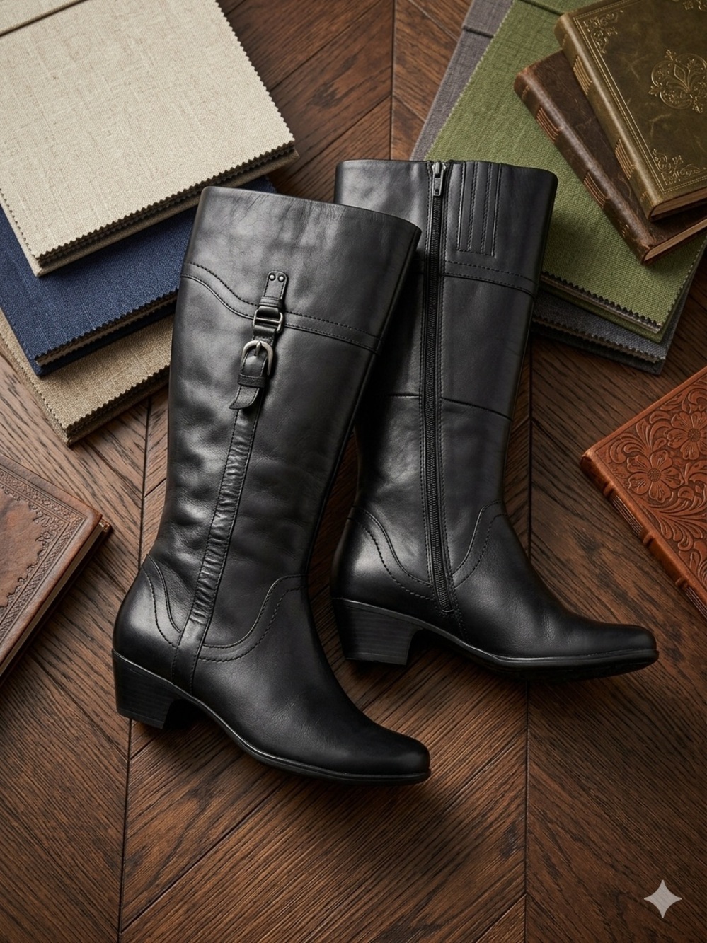 Clarks Black Leather Mid-Calf Riding Boots with Buckle